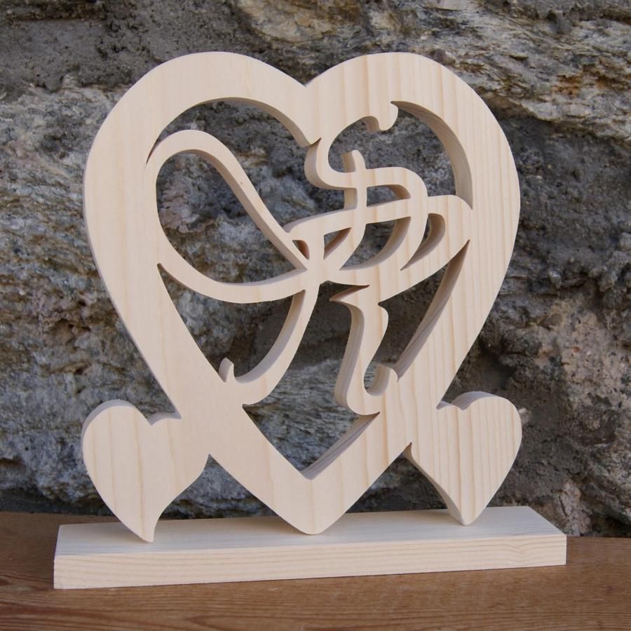 Coeur noce de bois, 5 ans de mariage, initiales personnalisées, idée cadeau noces de bois