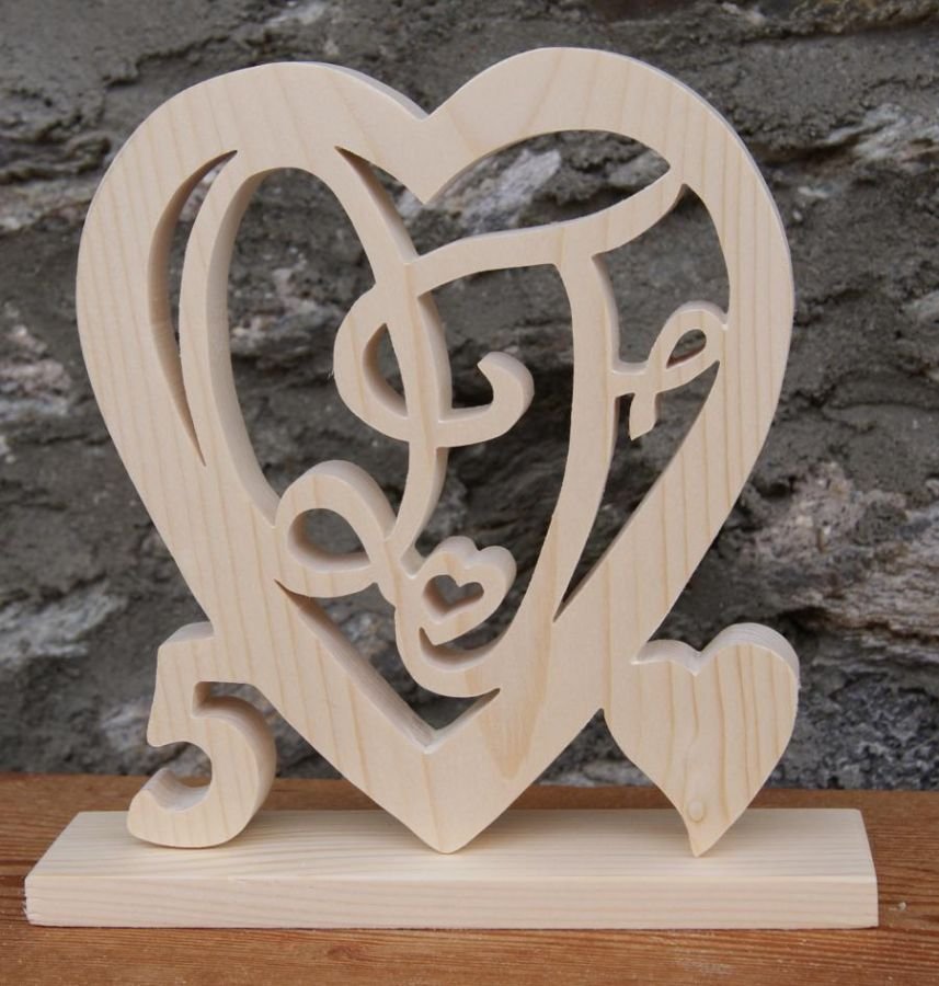 Coeur noce de bois, 5 ans de mariage, initiales personnalisées, idée cadeau noces de bois