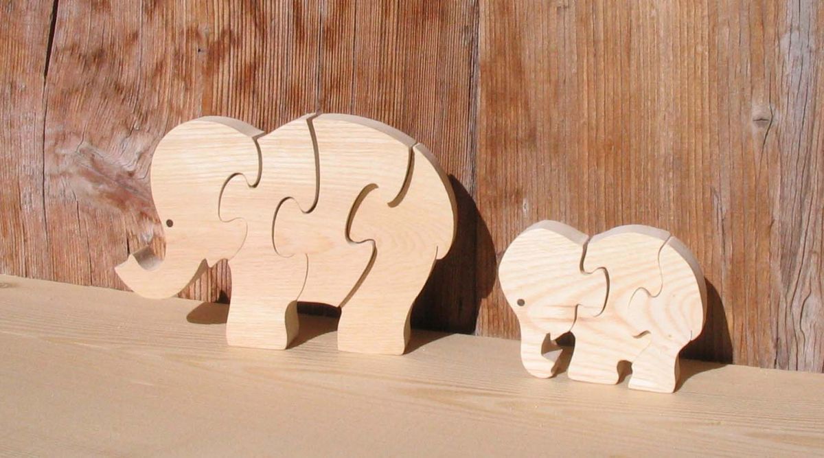 puzzle elefante 4 pezzi in legno di faggio massiccio, fatto a mano, animali della savana