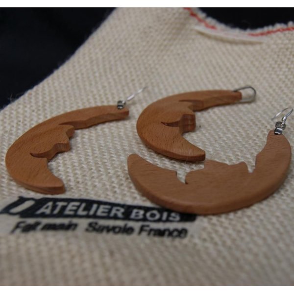 Parure Luna, orecchini e ciondolo in legno di faggio, fatti a mano