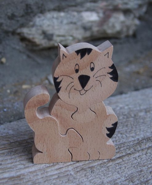 Puzzle in legno 3 pezzi gatto, gattino Hetre, fatto a mano